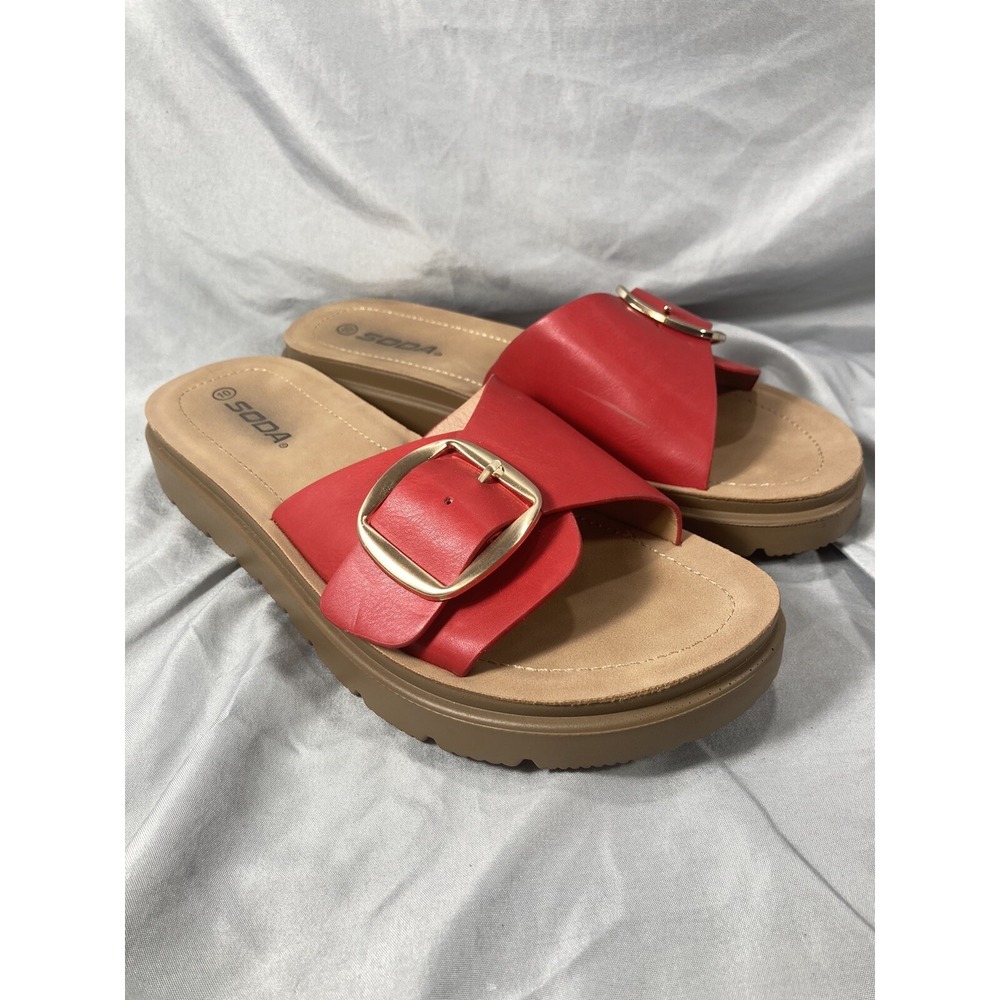 Soda Women Flip Flops Slides Slip-On Sandals Buckle Band Strap Red Size 10